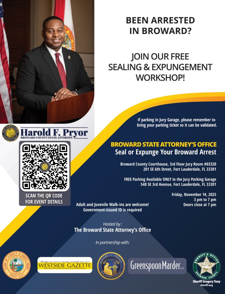 SealExpunge_BCJC_111425_V3_English_600dpi Sealing and expungement workshop Friday Nov. 14, 3 to 7 p.m. in the Broward County Courthouse.
