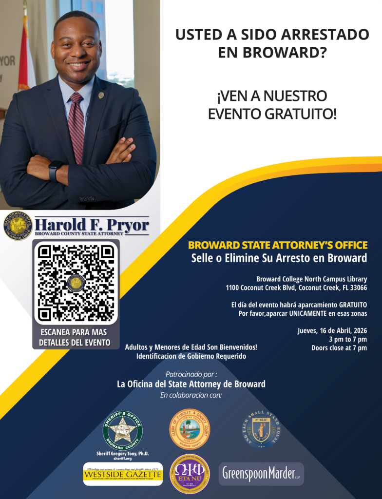The Broward State Attorney’s Office is hosting a FREE one-stop arrest record sealing and expungement workshop from 3 to 7 p.m. on Thursday, April 16, in the North Regional/Broward College Library, Coconut Creek Campus, 1100 Coconut Creek Blvd, Coconut Creek, Florida 33066. Broward State Attorney Harold F. Pryor and volunteers from our office are hosting the event in partnership with the Broward County Clerk of Courts and the Broward Sheriff’s Office. Thank you for sponsorship assistance from Greenspoon Marder LLP, Eta Nu Chapter of Omega Psi Phi Fraternity, and The Westside Gazette. Only cases that occurred in Broward County are eligible for review. Our staff and volunteers will help qualified applicants to complete the process. Adult and juvenile walk-ins are welcome. Please bring a valid ID. If you were charged with a crime in Broward County and the case did not result in a conviction, you may be eligible to have a single arrest record expunged. If you were charged with a crime in Broward County and received an adjudication withheld, that case may be eligible to be sealed.